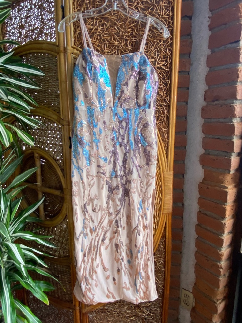 New Stunning Champagne and Turquoise Sequin Dress Adjustable Straps
